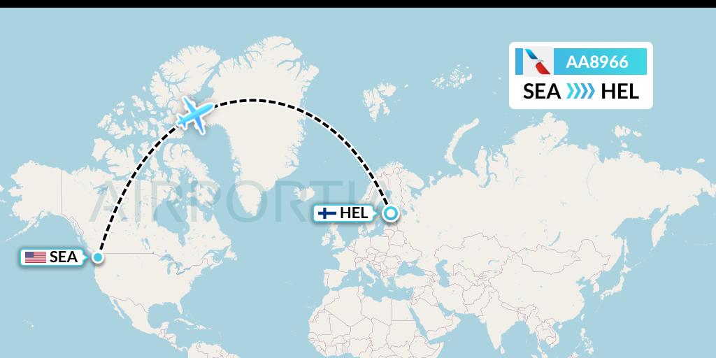AA8966 American Airlines Flight Map: Seattle to Helsinki