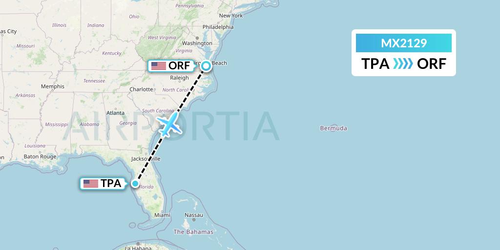 MX2129 Breeze Airways Flight Map: Tampa to Norfolk