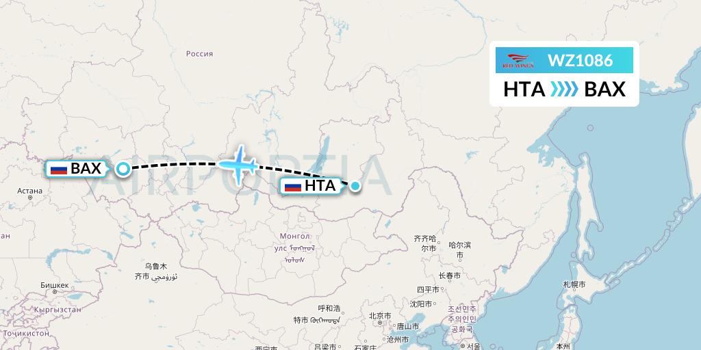 WZ1086 Red Wings Flight Map: Chita to Barnaul