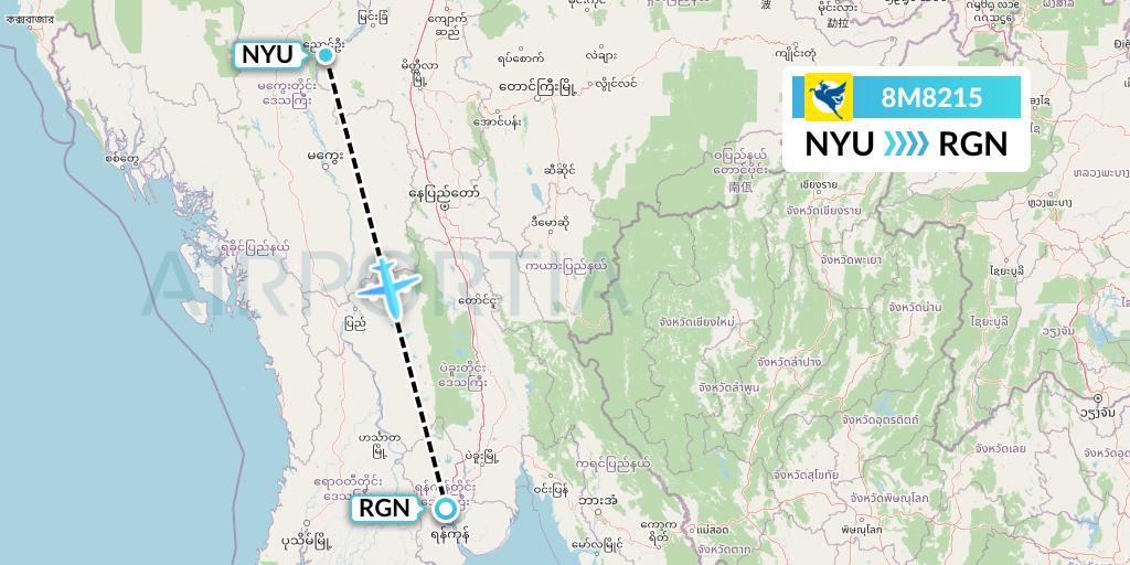 8M8215 Myanmar Airways International Flight Map: Nyaung U to Yangon