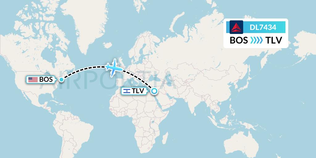 DL7434 Delta Air Lines Flight Map: Boston to Tel Aviv
