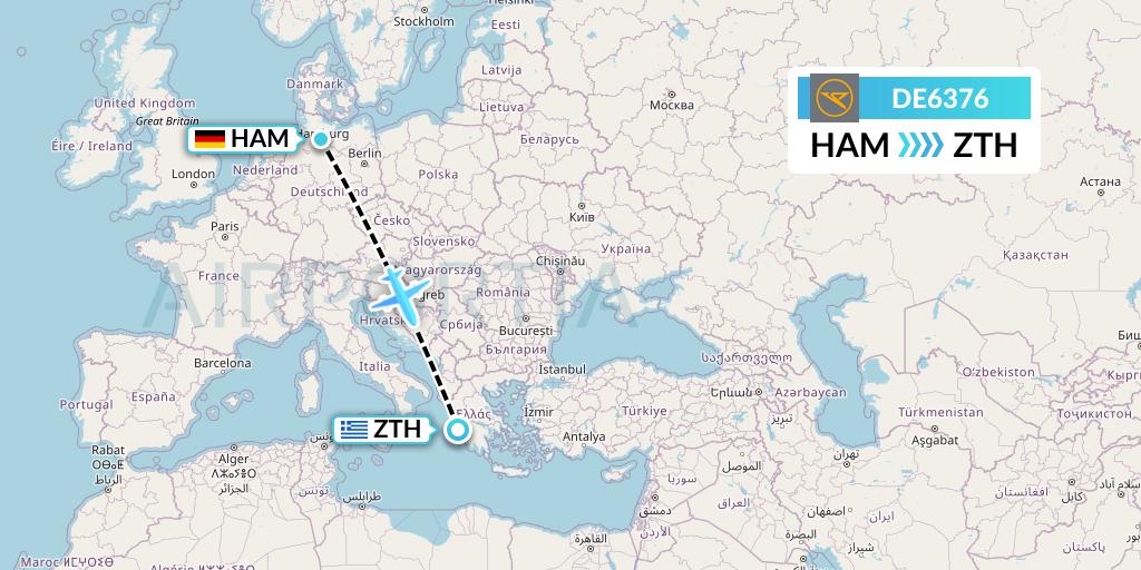 DE6376 Condor Flight Map: Hamburg to Zakynthos