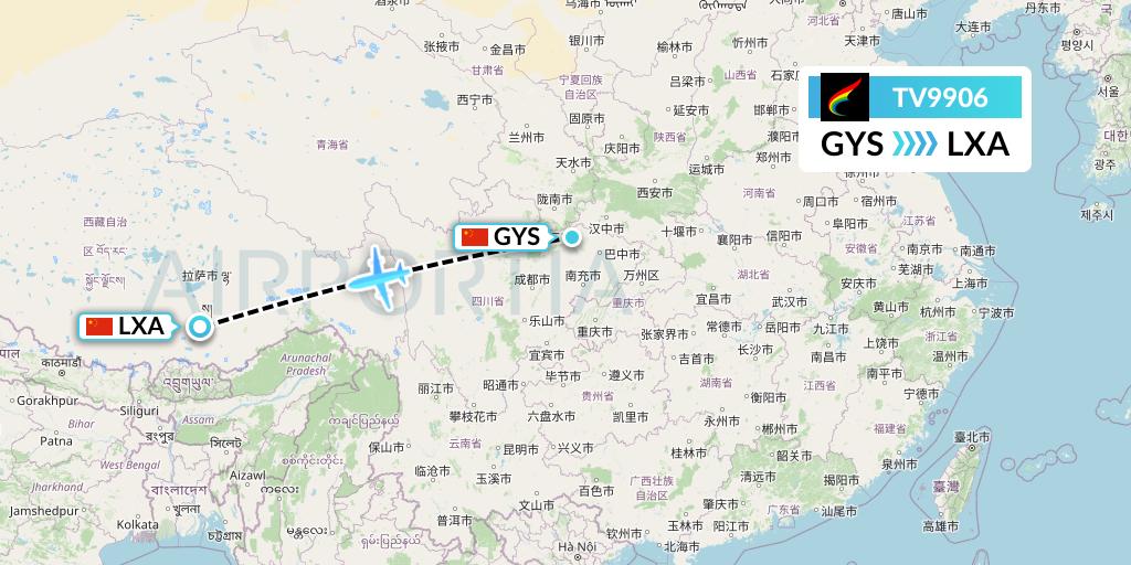 TV9906 Tibet Airlines Flight Map: Guangyuan to Lhasa