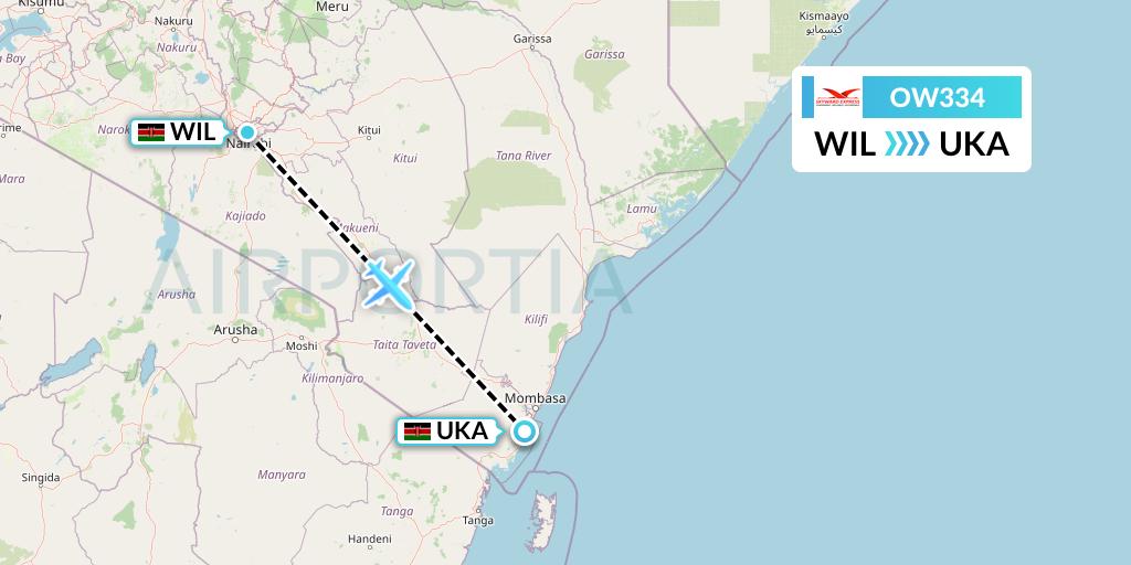 OW334 Skyward Express Flight Map: Nairobi to Ukunda