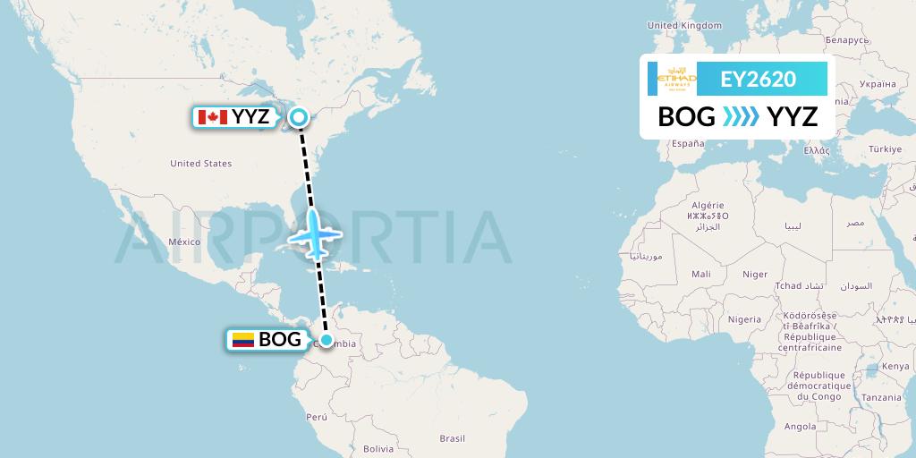 EY2620 Etihad Airways Flight Map: Bogota to Toronto