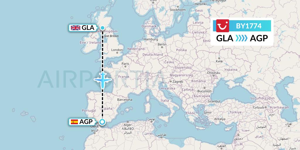 BY1774 TUI Airways Flight Map: Glasgow to Malaga