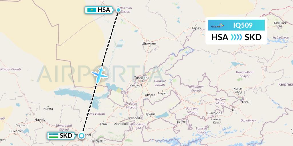 IQ509 Qazaq Air Flight Map: Shymkent to Samarkand