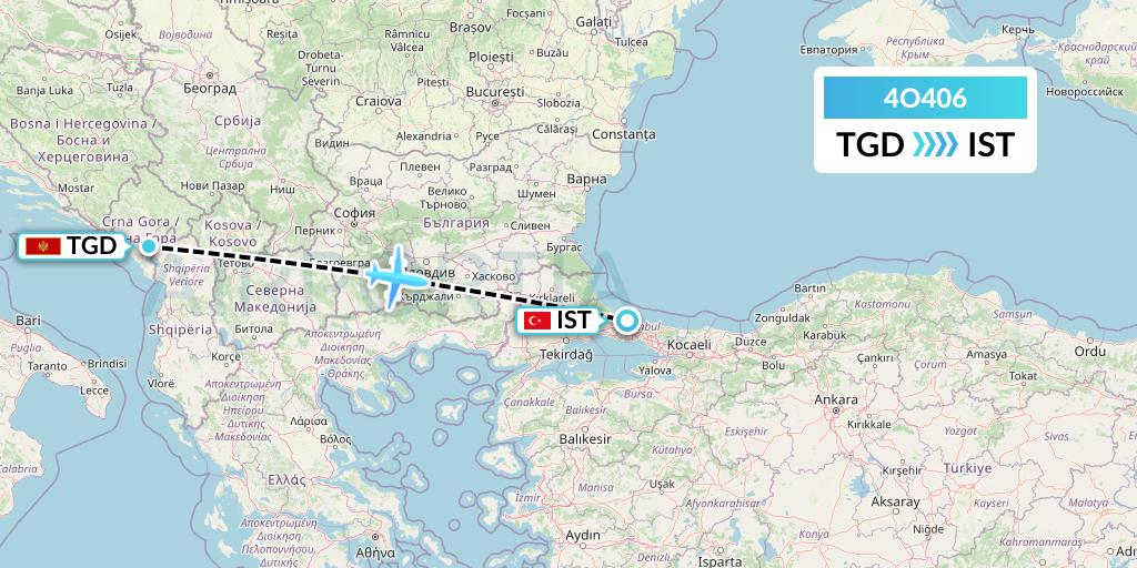 4O406 Air Montenegro Flight Map: Podgorica to Istanbul