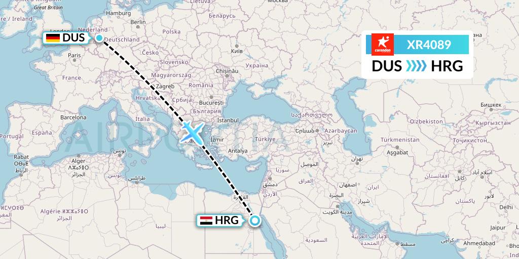 XR4089 Corendon Airlines Europe Flight Map: Dusseldorf to Hurghada