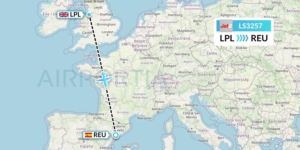 LS3257 Jet2 Flight Map: Liverpool to Reus