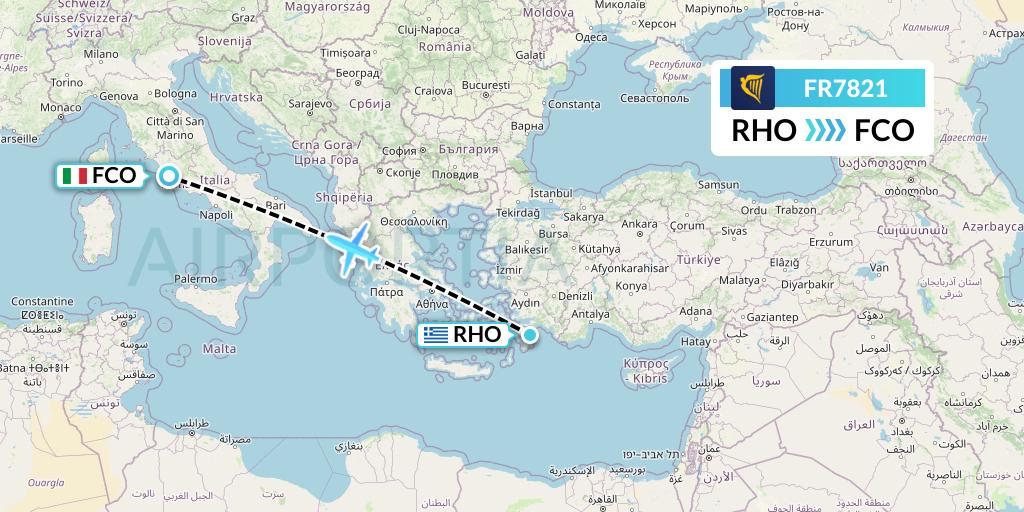 FR7821 Ryanair Flight Map: Rhodes to Rome
