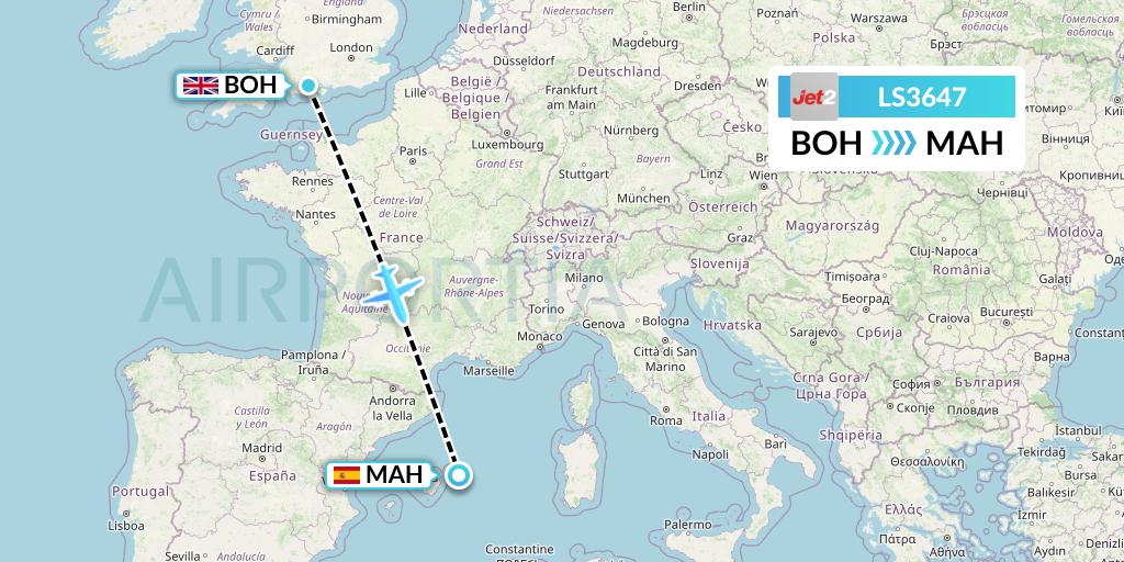 LS3647 Jet2 Flight Map: Bournemouth to Mahon