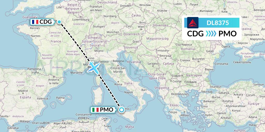 DL8375 Delta Air Lines Flight Map: Paris to Palermo