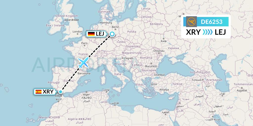 DE6253 Condor Flight Map: Jerez to Leipzig
