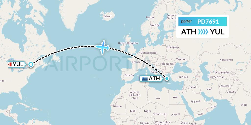 PD7691 Porter Airlines Flight Map: Athens to Montreal