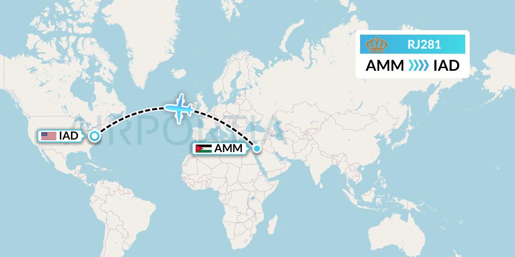 RJ281 Royal Jordanian Flight Map: Amman to Washington