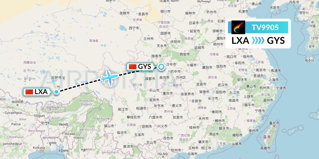 TV9905 Tibet Airlines Flight Map: Lhasa to Guangyuan