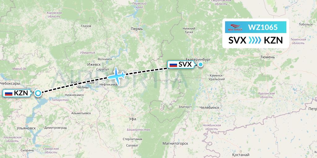 WZ1065 Red Wings Flight Map: Yekaterinburg to Kazan