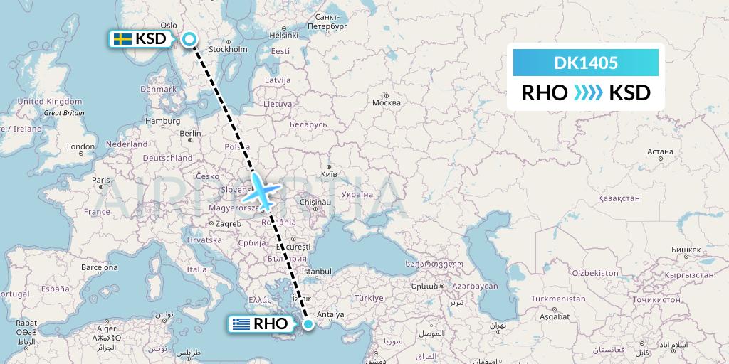 DK1405 Thomas Cook Airlines Scandinavia Flight Map: Rhodes to Karlstad