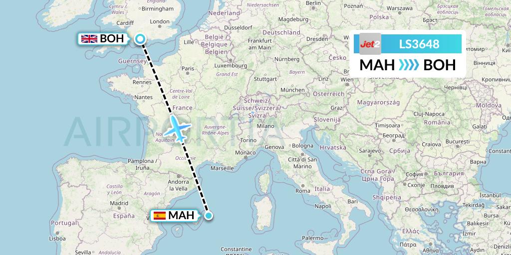 LS3648 Jet2 Flight Map: Mahon to Bournemouth
