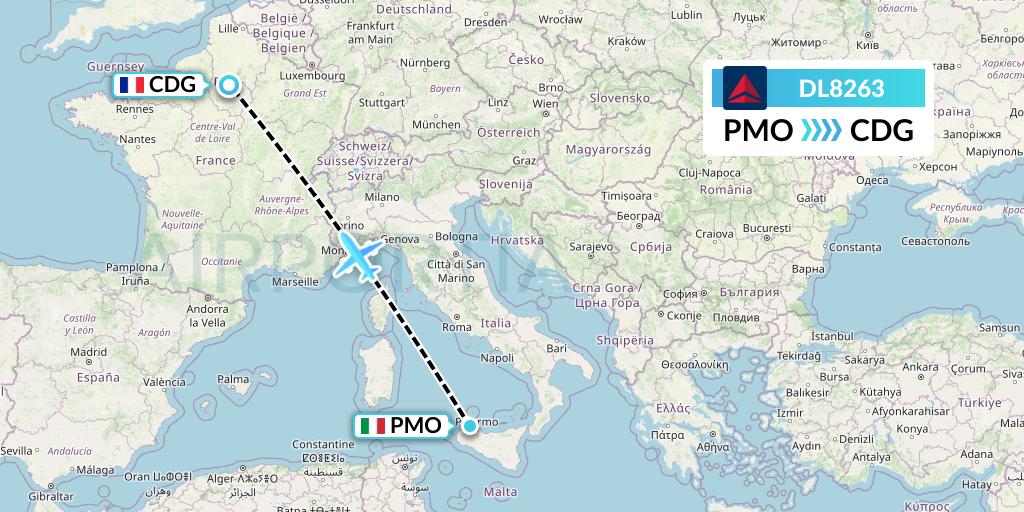 DL8263 Delta Air Lines Flight Map: Palermo to Paris