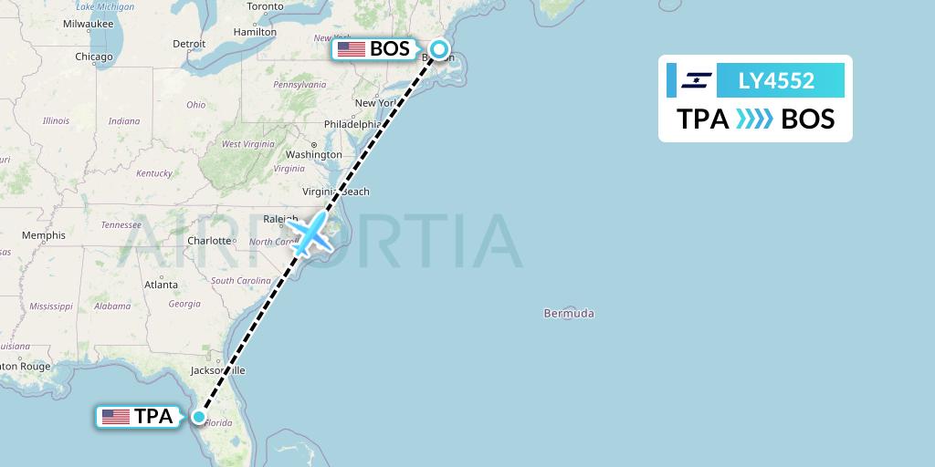 LY4552 El Al Flight Map: Tampa to Boston
