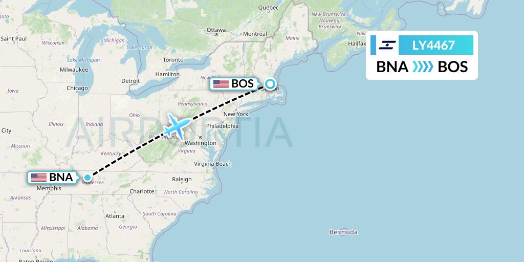 LY4467 El Al Flight Map: Nashville to Boston