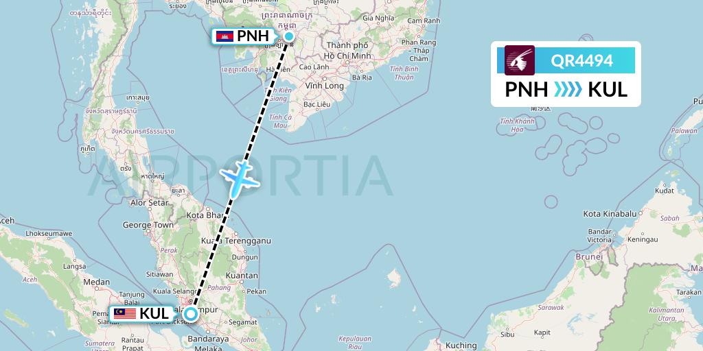 QR4494 Qatar Airways Flight Map: Phnom Penh to Kuala Lumpur
