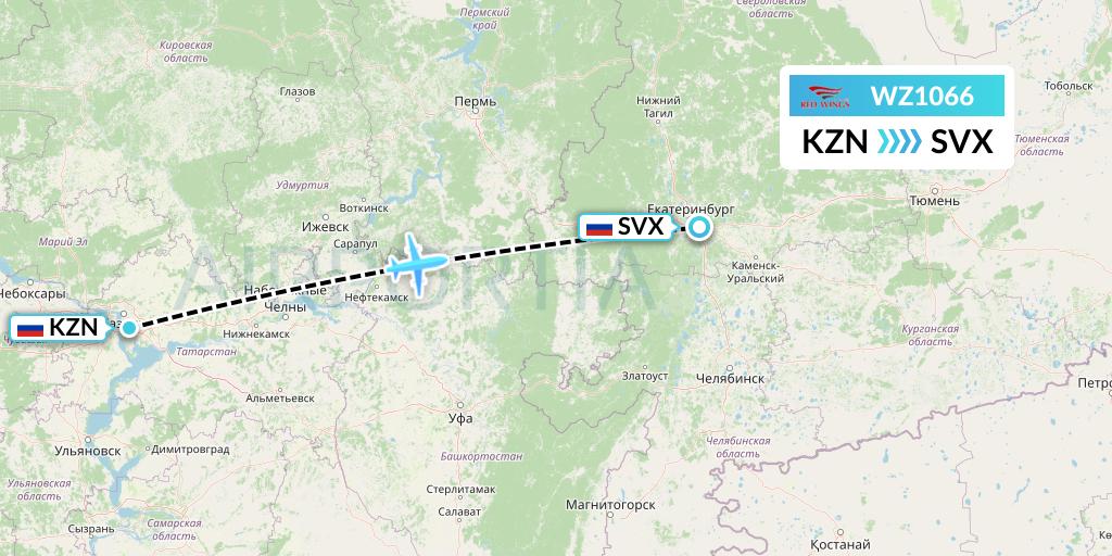 WZ1066 Red Wings Flight Map: Kazan to Yekaterinburg