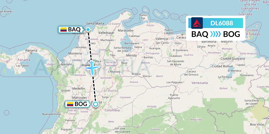 DL6088 Delta Air Lines Flight Map: Barranquilla to Bogota