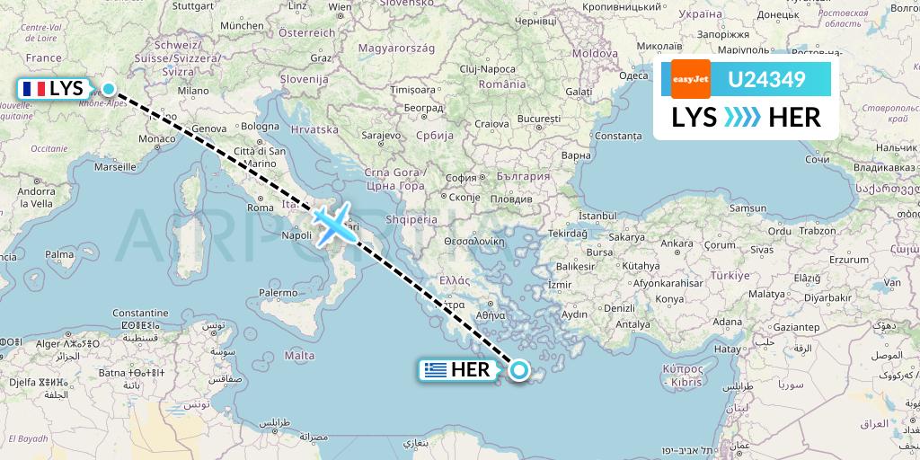 U24349 EasyJet Flight Map: Lyon to Heraklion