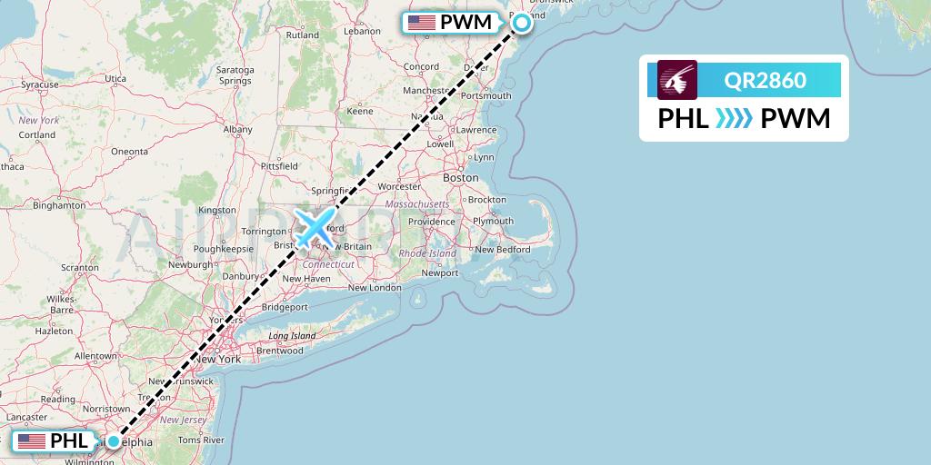 QR2860 Qatar Airways Flight Map: Philadelphia to Portland