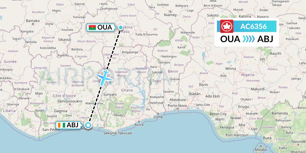 AC6356 Air Canada Flight Map: Ouagadougou to Abidjan