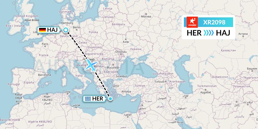 XR2098 Corendon Airlines Europe Flight Map: Heraklion to Hannover