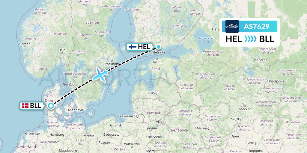 AS7629 Alaska Airlines Flight Map: Helsinki to Billund