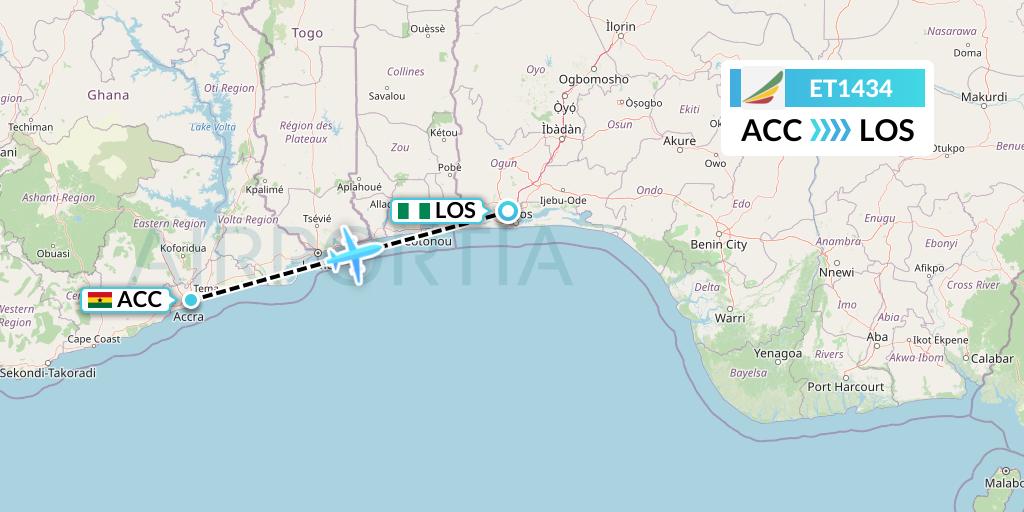 ET1434 Ethiopian Airlines Flight Map: Accra to Lagos
