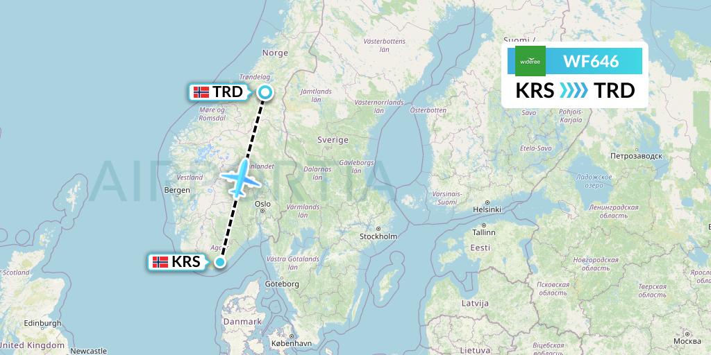 WF646 Wideroe Flight Map: Kristiansand to Trondheim