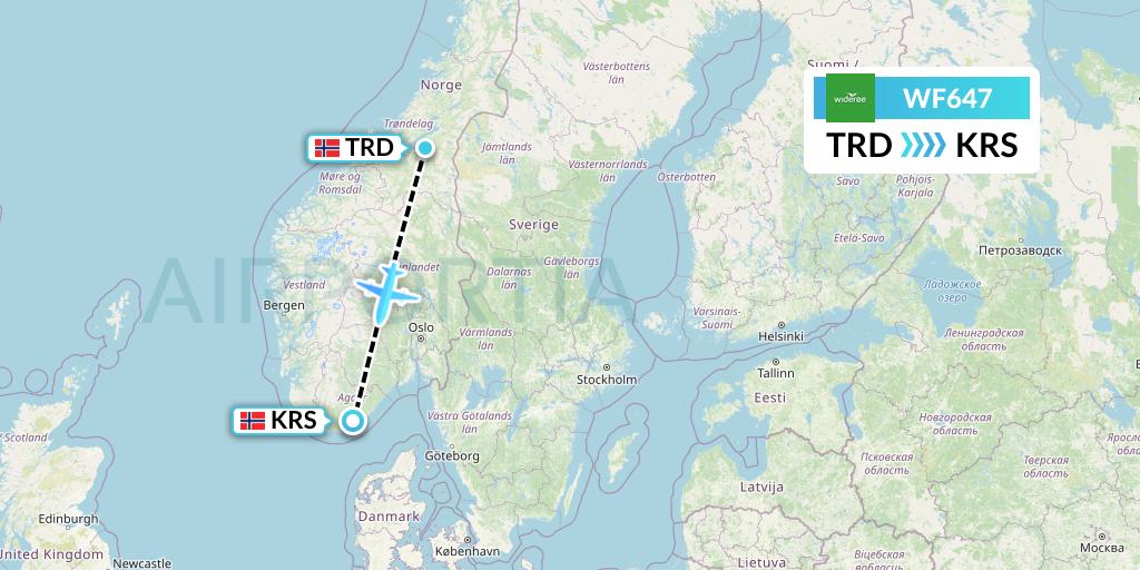 WF647 Wideroe Flight Map: Trondheim to Kristiansand