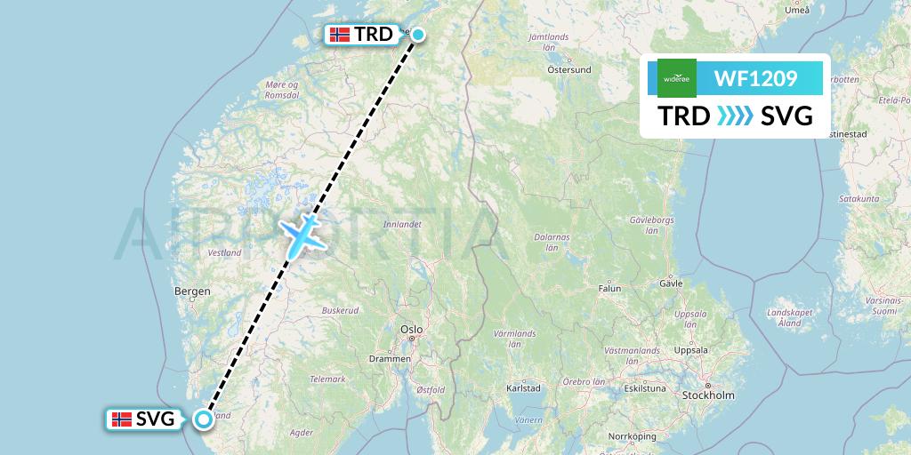 WF1209 Wideroe Flight Map: Trondheim to Stavanger