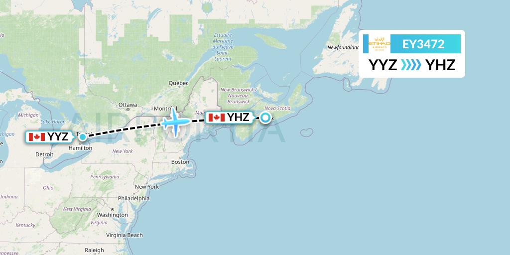 EY3472 Etihad Airways Flight Map: Toronto to Halifax