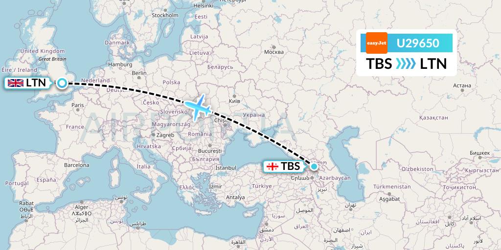 U29650 EasyJet Flight Map: Tbilisi to London