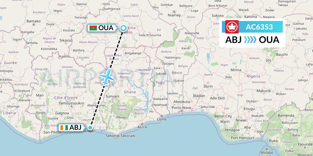 AC6353 Air Canada Flight Map: Abidjan to Ouagadougou