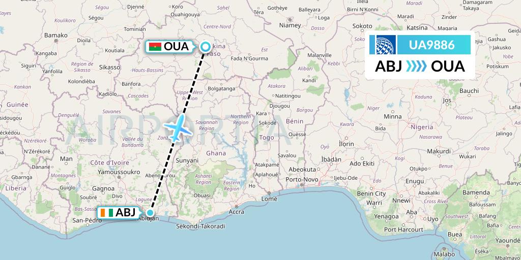 UA9886 United Airlines Flight Map: Abidjan to Ouagadougou