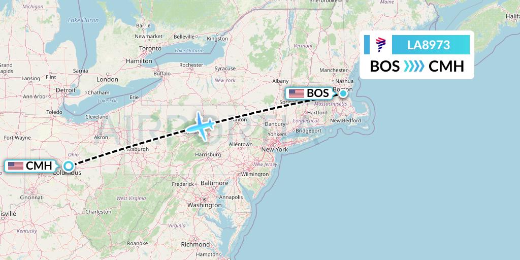 LA8973 LAN Airlines Flight Map: Boston to Columbus