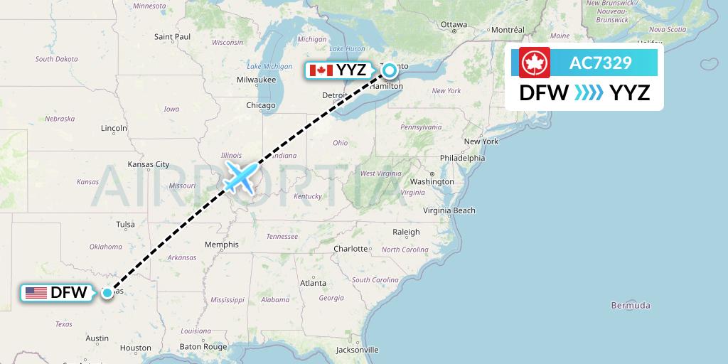 AC7329 Air Canada Flight Map: Dallas to Toronto