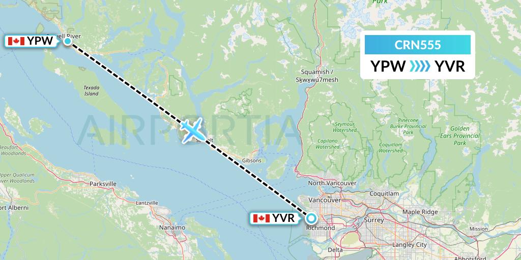 CRN555 Aerocaribbean Flight Map: Powell River to Vancouver