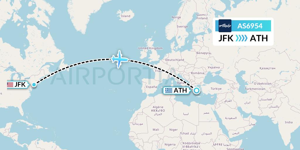 AS6954 Alaska Airlines Flight Map: New York to Athens