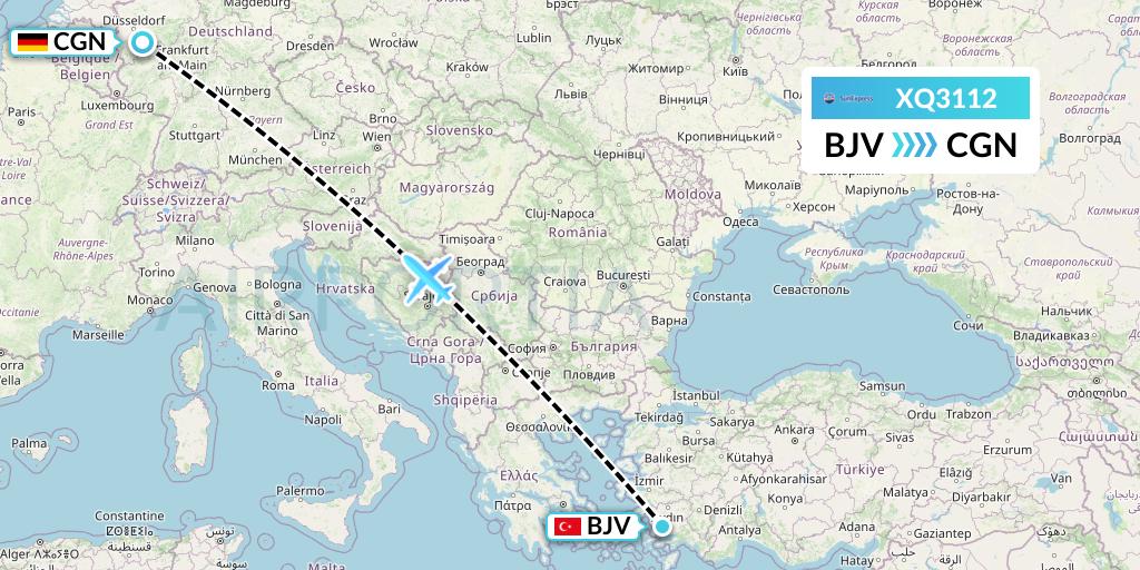 XQ3112 SunExpress Flight Map: Bodrum to Cologne