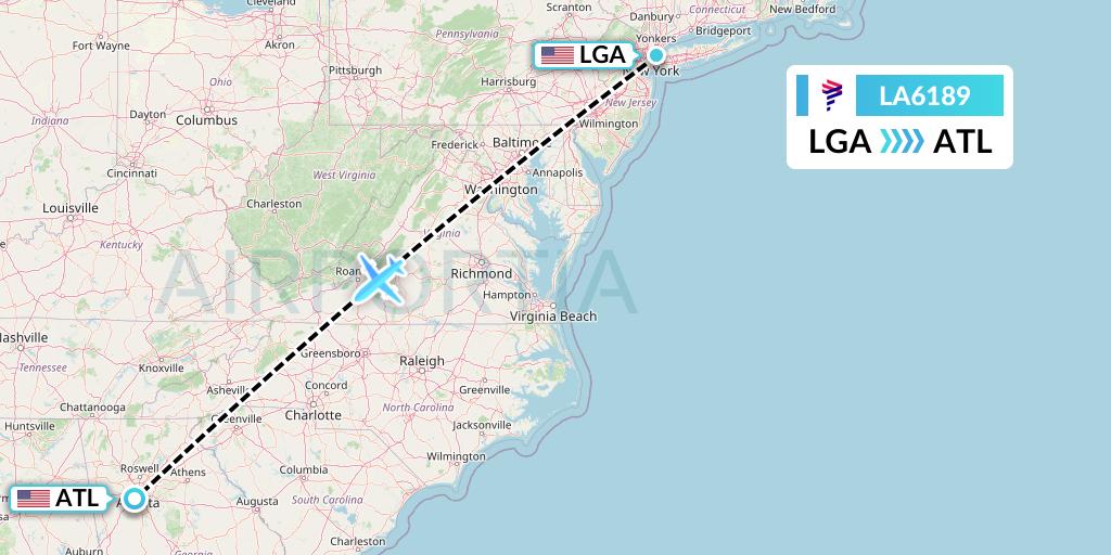 LA6189 LAN Airlines Flight Map: New York to Atlanta