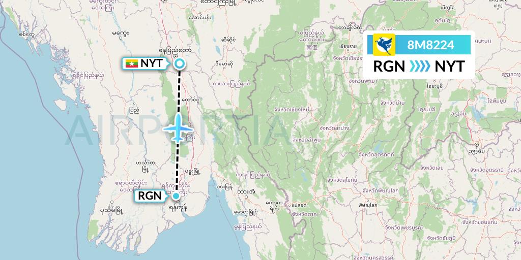8M8224 Myanmar Airways International Flight Map: Yangon to Naypyidaw 